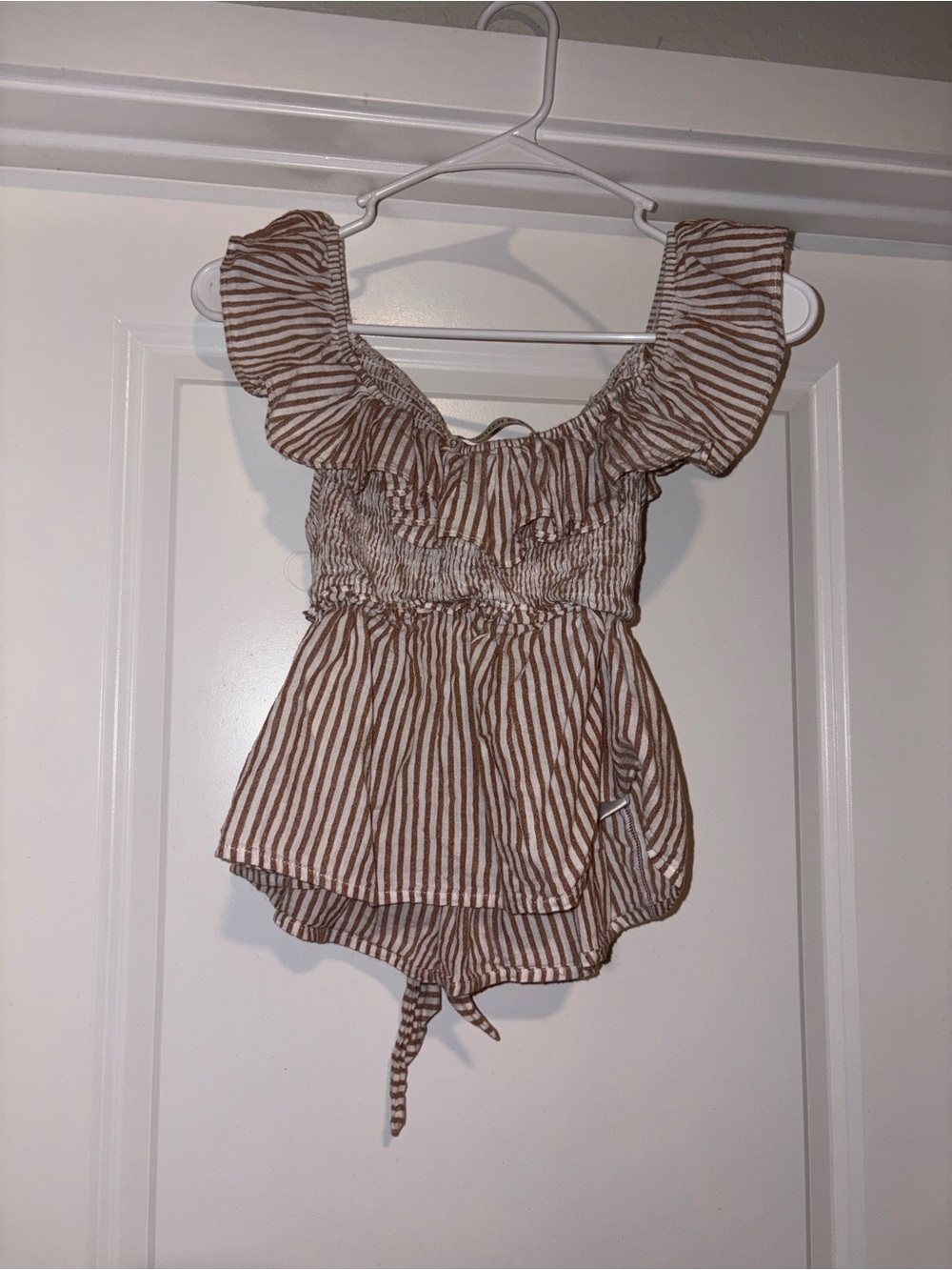 Brown Striped Ruffle Off-Shoulder Crop Top
